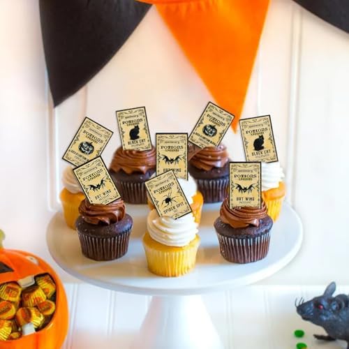 Ercadio 50Pcs Edible Halloween Cupcake Toppers Edible Happy Halloween Cake Picks Retro Horror Spider Bat Black Cat Cupcake Decors for Baby Shower Party Cake Decor