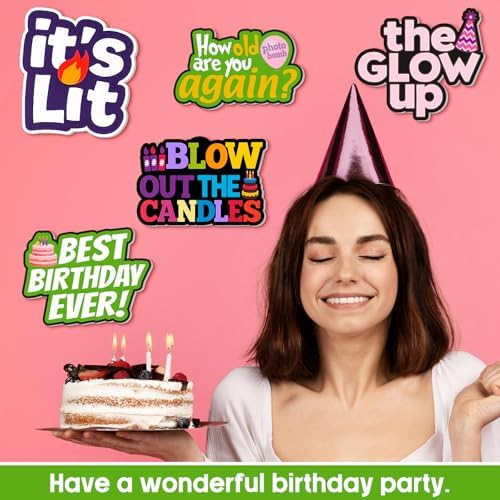 Beeveer 24 Pcs Birthday Photo Booth Props Single Sided 9" Photo Booth Props