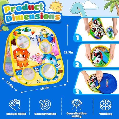 3 in 1 Bean Bag Toss Game for Kids, Dinosaur Cornhole Board with Magnetic Dart Board, Sticky Ball Tic Tac Toe, Outdoor Toys for Kids Ages 3-8, Backyard Beach Party Games Birthday Gifts for Boys Girls