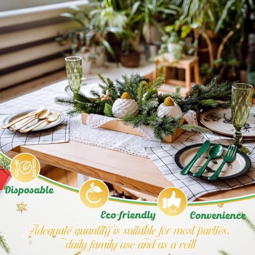 Minatee 180 Pcs Pearlescent Green Gold Plastic Silverware Heavy Duty Cutlery Sets Disposable Utensils for Holiday Birthday Themed Party Supplies, 60 of Each Forks Knives Spoons
