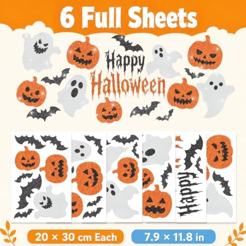 Glitter Halloween Window Clings Decor, Cute Ghost Pumpkin Stickers Decals