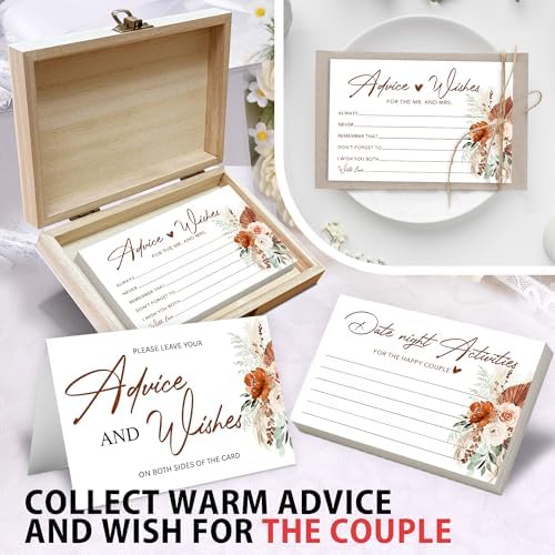 Boho Advice and Wishes for the Mr and Mrs - 50 Packs Wedding Advice Cards Bridal Shower Game Cards with Box Reception Guest Book for Bride Groom Newlywed Engagement Party Decoration -A08
