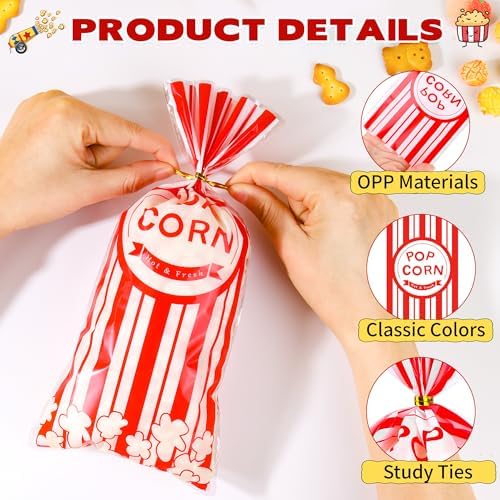 ZYLOP 50 Pcs Popcorn Treat Bags - 5" x 11" Red and White Striped Cellophane Candy Bags for Carnival Circus Theme Party, 50 Pcs Popcorn Goodie Bags with 60 Gold Twist Ties for Birthday, Movie Night