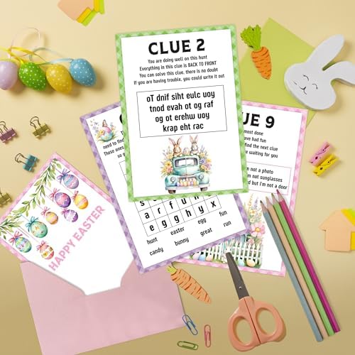 Easter Scavenger Hunt Games, Easter Treasure Hunt Clues Game Cards, Family Party Games for Kids and Adults, Holiday Party Game for Activities Decorations Supplies, 5x7 Inch (Outdoor)-A01