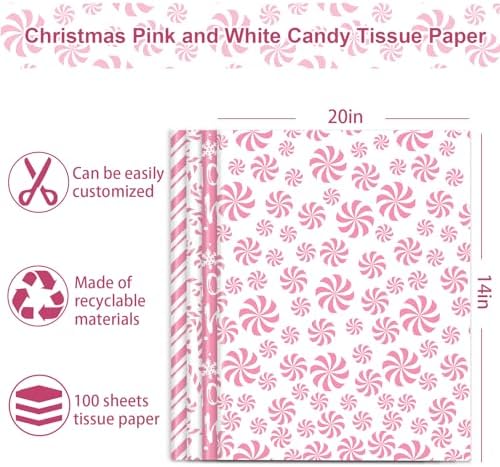 JarThenaAMCS 100 Sheets Christmas Tissue Paper Pink White Art Tissue Candy Cane Stripe Wrapping Paper for Xmas Winter DIY Crafts Gift Packing, 14 x 20 Inch