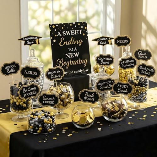 Spakon 24 Pcs Grad Candy Buffet Labels with Stand, Table Signs, Black Gold