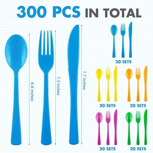 Kochorie 300 Pieces Rainbow Plastic Silverware Disposable Colorful Utensils