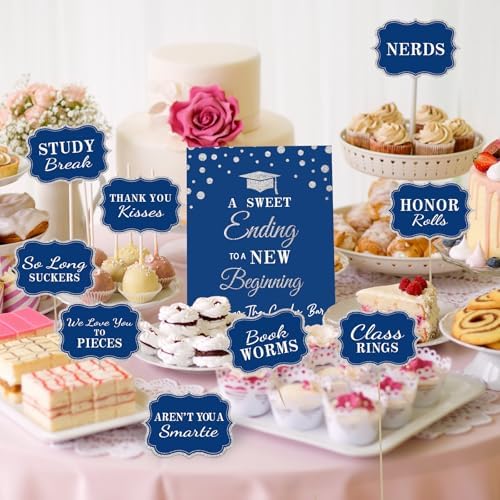 Graduation Candy Buffet Labels for Grad Party Decorations, Graduation Candy Bar Dessert Food Label Signs Set, Class of 2026 Grad Parties Table Decor Supplies (Blue and Silver)