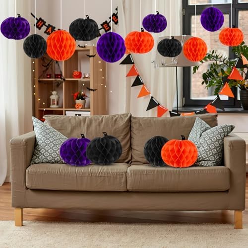 15Pcs Halloween Honeycomb Hanging Decorations Orange Purple Black