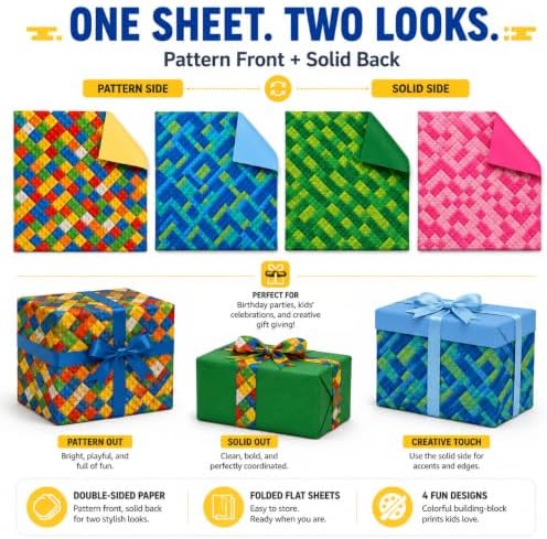 Building Blocks Wrapping Paper, Double-Sided Gift Wrap Sheets for Birthdays