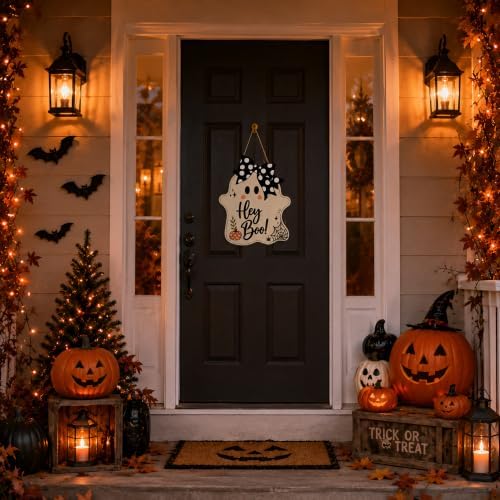Halloween Party Decorations - Hey Boo Wooden Ghost Sign for Front Door