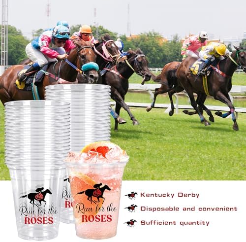 Whaline 50 Pcs 12 Oz Derby Disposable Cup Run for Roses Plastic Party Cup Clear Glasses for Coffee Juice Drink Decorations Party Supplies