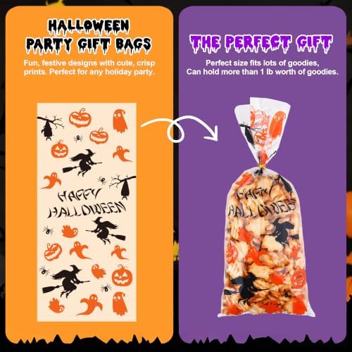 Halloween Cellophane Treat Bags, Halloween Candy Bags, Halloween Goodie Bags, Plastic Clear Goody Snack Cookie Packing Gift Bags with Ties for Kids Halloween Trick or Treat Party Favors Supplies,50Pcs