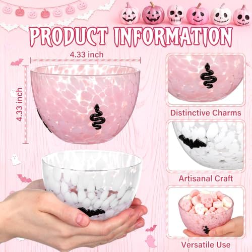FoldTier 2 Pcs Halloween Icon Snack Bowl, 14oz Glass Candy Dessert Bowls with Snake and Bat Design, Double Old Fashioned Serving Bowls for Gifts Party Favors Table Decoration Supplies