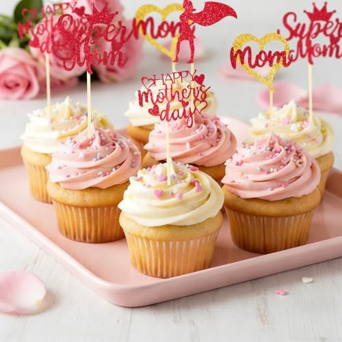 Mothers Day Cupcake Toppers, 24 PCS Mothers Day Party Decorations, Glitter Red Happy Mother's Day Super Mom Cupcake Toppers Cake Decorations Food Picks for Mother's Day Party Decoration Supplies