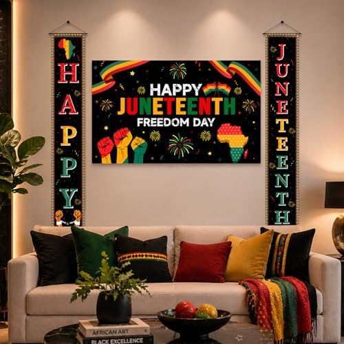 3Pcs Juneteenth Decoration Outdoor Happy Juneteenth Banner, June 19th Independence Day Freedom Day Backdrop, African Afro American Festival Celebration Supplies