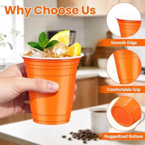 50 Pcs Orange Plastic Cups, 12 oz Disposable Cups for Party
