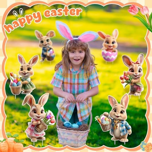 Bucherry 8 Pcs Lighted Easter Yard Signs with Stakes, LED String Lights & Face Hole Photo Booth Props, Waterproof Bunny Chick Lawn Decorations for Outside Spring Garden Egg Hunt Party Decor