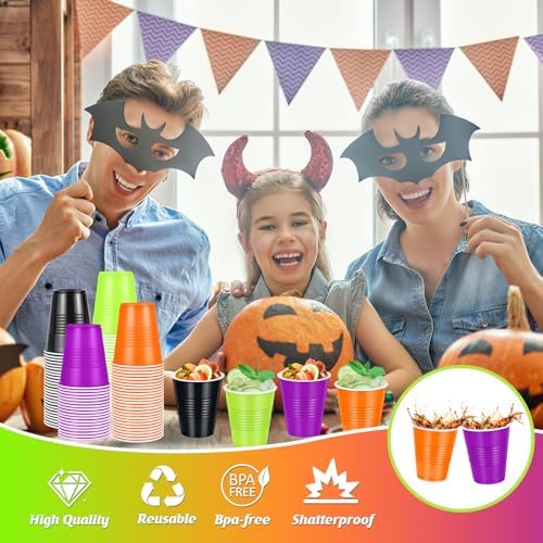 100 Pcs Halloween Plastic Cups 12 oz, Bulk Black Orange Purple and Green Disposable Party Graduation Cups for Graduation Halloween Wedding Birthday Christmas Theme Party Supplies Decorations