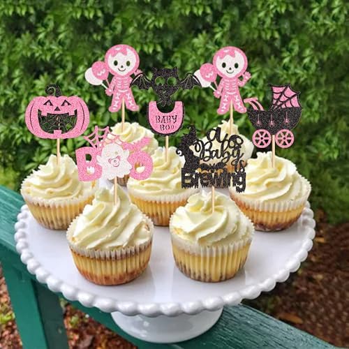 Ercadio 30Pcs Pink Halloween Baby Shower Cupcake Toppers A Baby Is Brewing Cupcake Picks for Boo Theme Gender Reveal Girls Halloween Birthday Cupcake Cake Decors Supplies