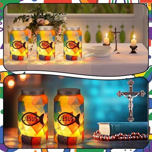 Qinyoung 12 Pcs Religion Faith Jesus Fish Crafts Mason Jars Tissue Paper Crafts with LED Candle Light DIY Suncatchers Decoration Make Your Own VBS Mason Jars Supply for Sunday School Projects Activity