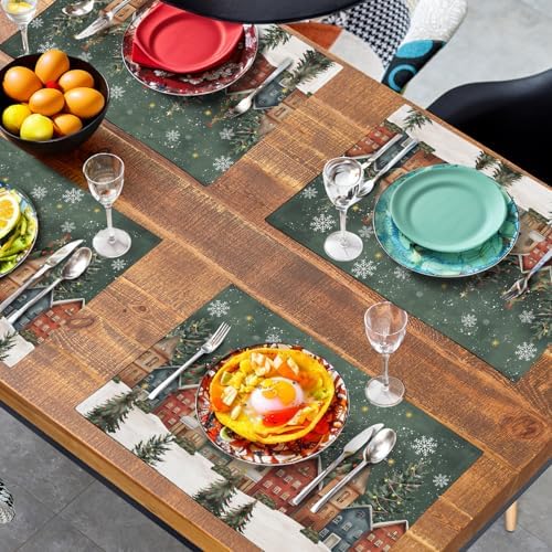 Christmas Placemats 12x18 Inch Set of 4, Winter Xmas Tree Wonderland Forest Village Town House Snowflake Linen Table Mats Washable Place Mats for Party Kitchen Dining Outdoor Indoor Decor