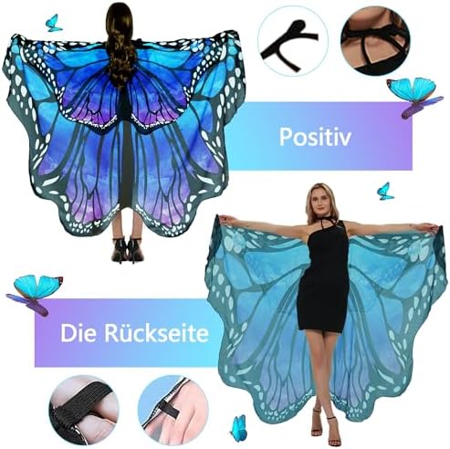 Adult Butterfly Costume Women Monarch Butterfly Wings Cape Shawl Halloween 3Pcs Mask Hairband