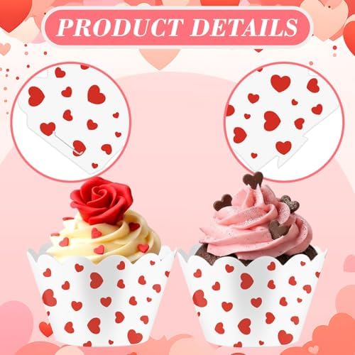 Domensi 100 Pcs Red Heart Cupcake Wrappers Rustic Cupcake Liners Red Baking Cups Baking Liners for Mother's Day Wedding Bridal Baby Shower Birthday Party Supplies Dessert Decoration