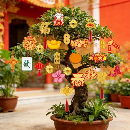 KYMY Chinese New Year Hanging Ornaments Set – 50pcs Red & Gold Lucky Decorations with Coins, Fu Charms & Lanterns, 2026 Zodiac Horse Year Spring Festival Pendants for Tree, Branch & Home Decor
