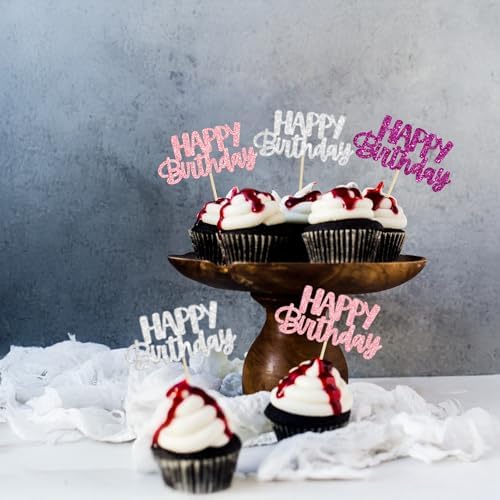 Gyufise 24Pcs Happy Birthday Cupcake Toppers Glitter Birthday Cupcake Food Picks for Celebrating Happy Hallowenn Theme Party Cake Decorations Supplies Purple White Silver