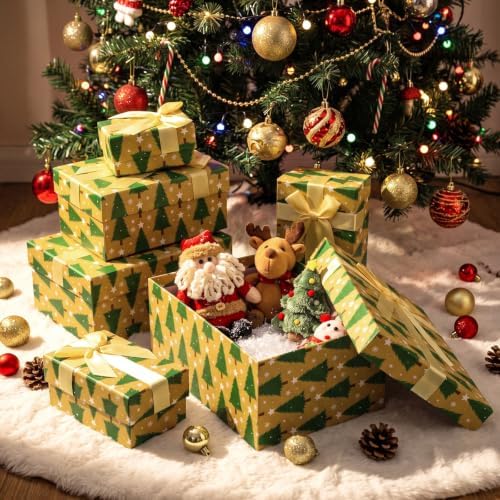 Cholemy 6 Pcs Christmas Nesting Gift Box, Green Pine Tree, Gold