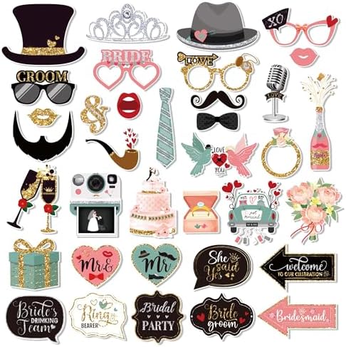 36 Pcs Wedding Photo Booth Props for Wedding Party Decoration Supplies, Weddings Theme Selfie Props Photography Backdrop Decorations for Weddings Party Favors