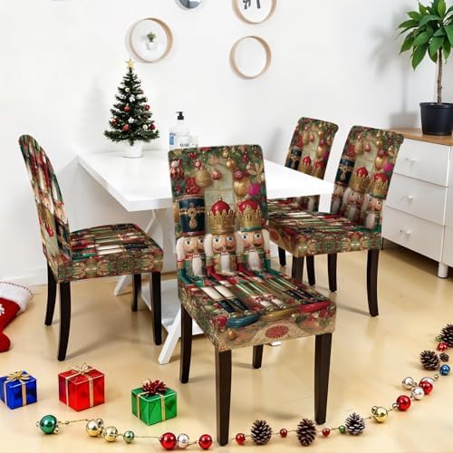 Nutcracker Chair Covers Set of 4, Stretchable Dining Chair Slipcovers with Christmas Ornaments for Christmas Holiday Decor