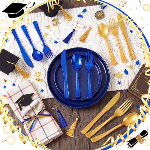 Minatee 180 Pcs Blue and Gold Plastic Silverware Heavy Duty Cutlery Sets Disposable Utensils for Holiday Birthday Themed Party Supplies, 60 of Each Forks Knives Spoons