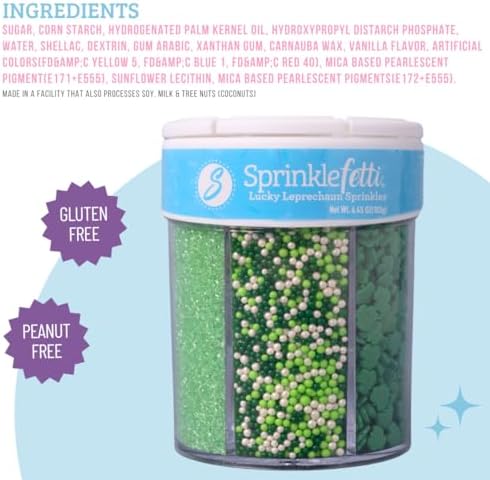 Sweets Indeed St Patricks Day 6 Cell Sprinkles Jar – Green Shamrock Quins, Green and Gold Sugar, Circle Quins and Nonpareils for Baking & Decorating Cupcakes, Cookies, Cakes & Desserts – 6.45 ounces