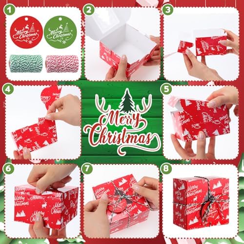 Glenmal 200 Set Christmas Bakery Cookie Boxes Cupcake Containers with Christmas Tree Window Xmas Day Cupcake Candy Goody Treat Gift Boxes with Cotton Rope Label for Xmas Party Favors Supplies