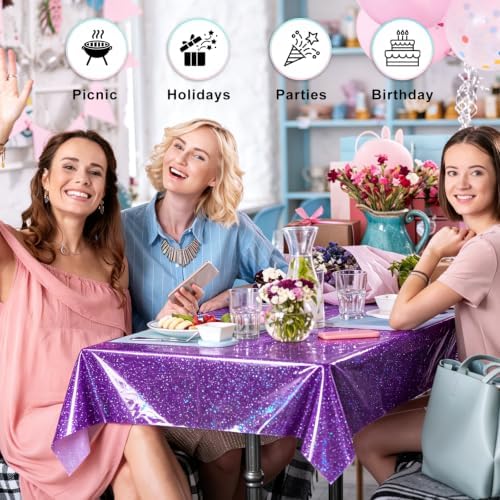 8 Pack Purple Dot Laser Plastic Tablecloth 54" x 108" Disposable Table Cloths for 6 to 8 Foot Tables Rectangle Table Cover for Parties (Purple Dot Laser, Rectangle)
