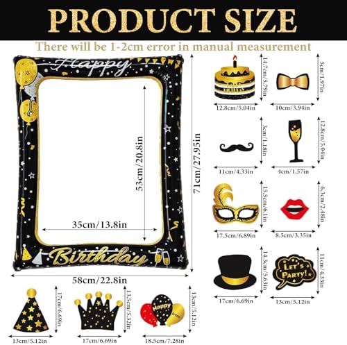 Birthday Inflatable Photo Booth Frame, 30PCS Black Gold Photo Booth Props, Inflatable Selfie Frame Cheer to 18 20 30 40 50 60 70 Years Old Decor Supplies for Men Women Boys Girls