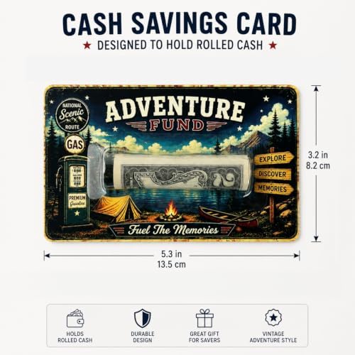 Gas Money Gift Card Holder, Cash Holder Card for Rolled Cash, Funny Road Trip Money Gift, Vintage Adventure Cash Gift for Drivers, Teens, New Driver, Graduation, Birthday, Travel Gift