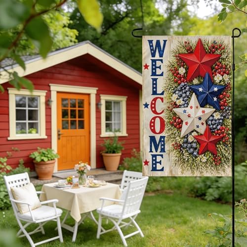 4th of July Decorations - Patriotic Stars Welcome Garden Flag | Double Sided Fourth of July Accessories Patriotic Banner | 250 Anniversary USA Merchandise for Garden Yard Porch Patio Lawn Outdoor Outside Decor