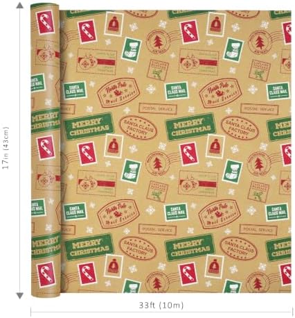 LaRibbons Kraft Christmas Wrapping Paper, Vintage Xmas Postmark Stamp