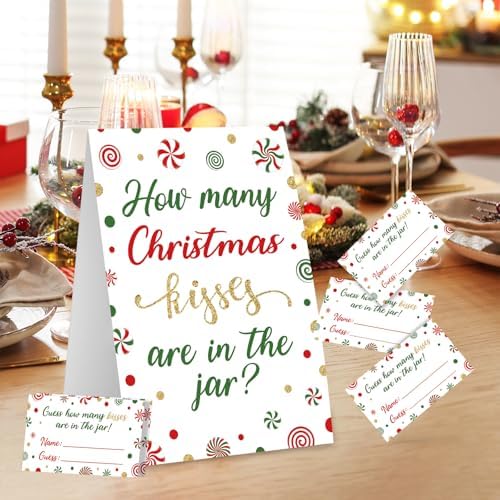 COCHIE Christmas Game for Family Office Large Groups Party Adults, Xmas Guess How Many Kisses are in The Jar Games, Winter Holiday Families Classroom Activities with Guess Cards - 30 Players (Candy)