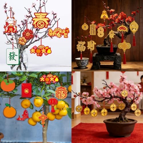 KYMY Chinese New Year Hanging Ornaments Set – 30pcs Red & Gold Lucky Decorations with Coins, Fu Charms & Lanterns, 2026 Zodiac Horse Year Spring Festival Pendants for Tree, Branch & Home Decor
