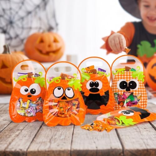 HOIIOH 60 Pack Halloween Pumpkin Treat Bags with Handles & Zipper