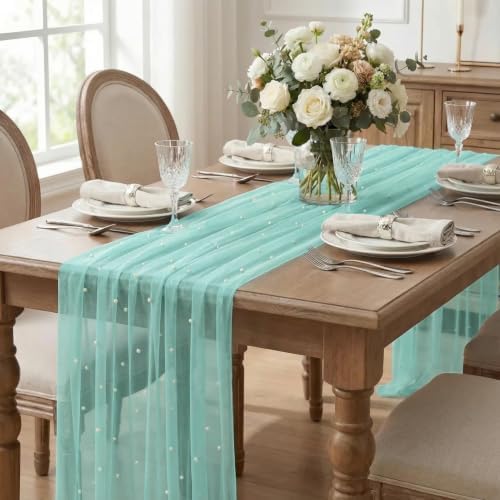Artoid Mode 3-Pack Pearl Turquoise Gauze Table Runner 10FT Home Decor