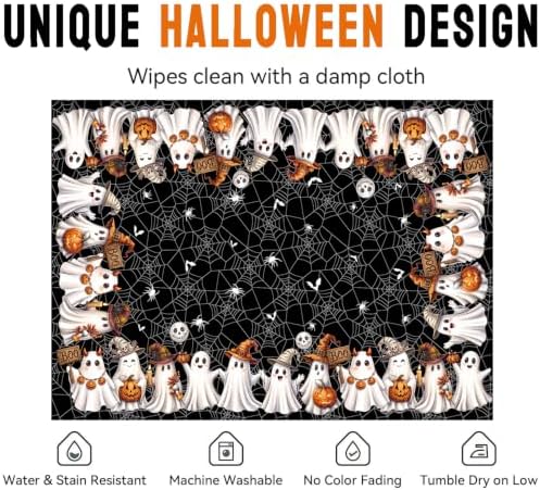 Halloween Tablecloth Rectangle 60 x 84 Inch, Washable Fabric Spiderweb Black Halloween Tablecloth Rectangular Spider Web Ghost Table Cloth Rectangle Table Cover for Kitchen Dining Party