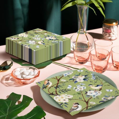 Vintage Floral Birds Paper Napkins - 50Pcs, 2Ply, 6.5 x 6.5 Inches