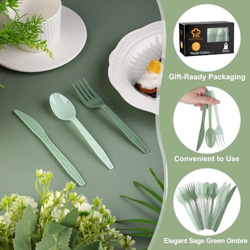 Kochorie 90 Pieces Gradient Sage Green Plastic Cutlery Set
