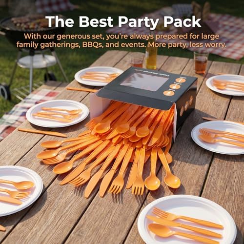 90Pcs Orange Plastic Silverware Set, Disposable Forks Spoons Knives