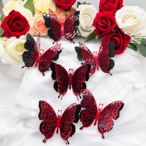 Halloween 3D Butterfly Wall Decor Party Rose Butterfly Sticker Decoration 3.85x4.6 inche Red Black Double Deck Removable Sticker for Birthday Party Backdrop Wedding Photo Booth Decor-6pcs